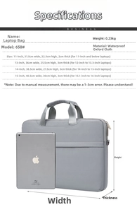 Size guide for waterproof laptop sleeve showing dimensions for 11 to 15 inch notebooks