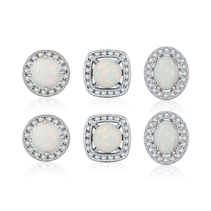 Three pairs of S925 silver stud earrings with white opal and clear zircon accents