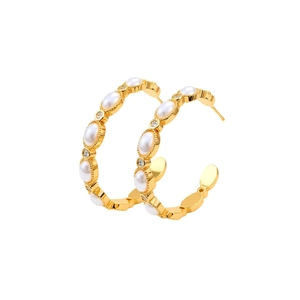 Vintage 18K gold-plated C-shaped earrings with pearls and crystals on white background