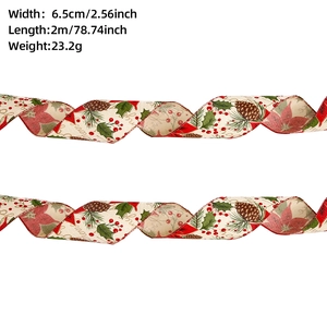 Close-up of Christmas ribbon with holly and pinecone prints featuring wired edges