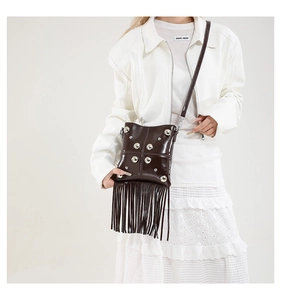 Detail of dark brown leather crossbody bag with silver studs and long fringe tassels