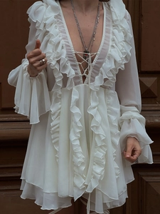 White ruffle chiffon mini dress with long sleeves and deep V-neck tie detail for women