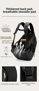 Detail view of breathable mesh shoulder straps and luggage strap on black laptop backpack