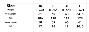 Detailed sizing chart for women's shearling bomber jacket showing measurements in centimeters