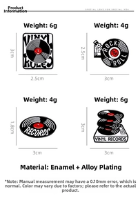 Detailed size chart for vintage vinyl record enamel pins with dimensions and weight info