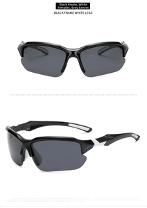 Close-up of black and white polarized cycling sunglasses with grey lenses for sports