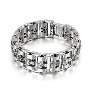 Men Stainless Steel Bracelet Wolf Head Relief Heavy Duty Biker Chain Vintage Punk Streetwear Hip Hop Jewelry