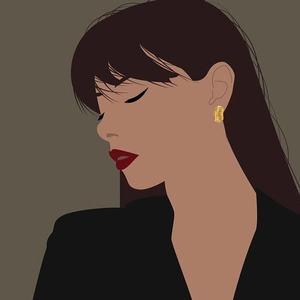 Gros plan détaillé des boucles d'oreilles dorées à motif spirale sur une illustration de femme