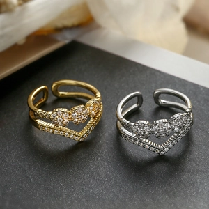 Luxurious gold and silver plated V-shaped open rings with sparkling zircon inlay