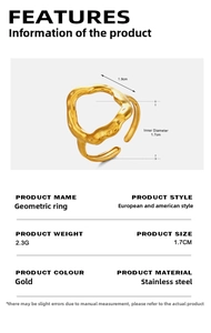 Detail view of 18K gold plated stainless steel geometric hollow ring with dimensions