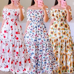 Detailed views of off-the-shoulder floral maxi dresses with elastic smocked waist details