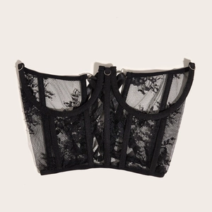 Elegant black lace corset top with floral patterns and structural boning for slim fit