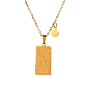 Detail of gold stainless steel Aquarius tarot pendant necklace with wave symbol charm