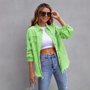 Women's long sleeve neon green denim jacket with distressed hem and lapel collar