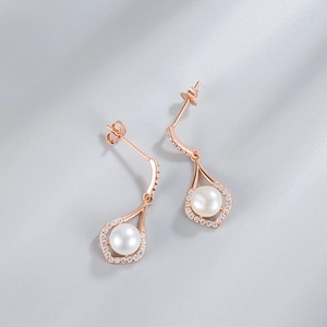 Exquisite S925 silver rose gold water drop earrings with white pearl and micro-pave crystals