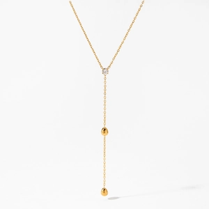 Elegant gold Y-shaped long necklace with round zircon and double teardrop pendants