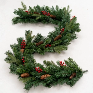 Luxurious PE mixed Christmas garland with red berries and pine cones on stone background