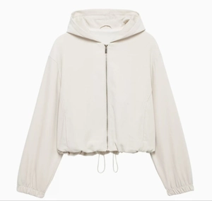 Detail of hooded pilot jacket with zipper, drop shoulders, and adjustable drawstring hem