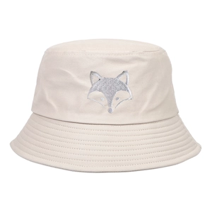 Cream white cotton bucket hat with silver fox embroidery shown in a front-facing studio view