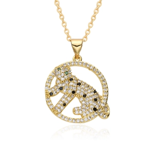 Close-up of gold-plated leopard pendant necklace with micro-pave multicolored zircons