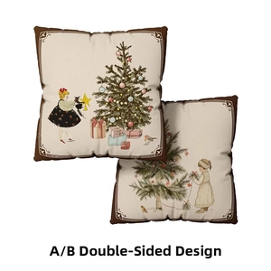 Close-up of vintage Christmas cushion covers showing double-sided festive patterns