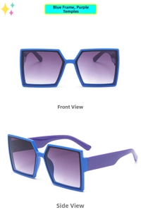 Front and side views of chunky blue and purple square kids sunglasses with gradient lenses