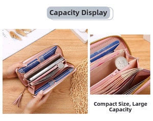 Detail view of pink long zipper wallet with card slots, coin pocket and phone storage