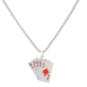 Silver hip hop necklace with sparkling poker royal flush pendant set with rhinestones
