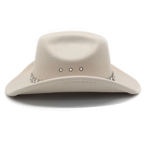Macro shot of sparkling rhinestones and metal eyelets on cream wool western cowboy hat
