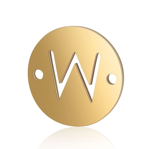 Detailed view of a gold double-hole stainless steel pendant with a hollow letter W design