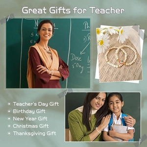 Teacher appreciation bracelet with wood beads, alphabet charms, and red apple pendant detail