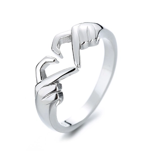 Minimalist S925 sterling silver hugging hands heart ring with polished finish