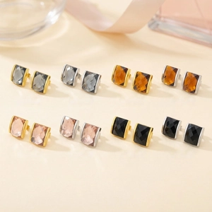 Collection of square crystal earrings in grey amber pink and black with 18K gold plating