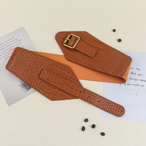 Detailed view of a brown crocodile-patterned wide belt with a vintage gold square buckle