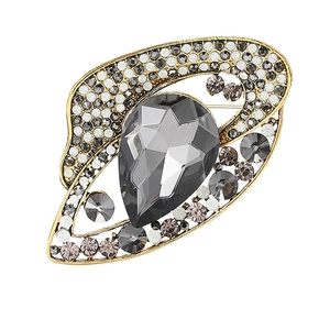 Vintage style gold brooch with a grey teardrop gem and sparkling rhinestones for suits