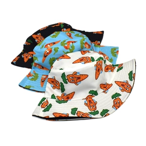 Unisex bucket hats with cartoon carrot prints in black, blue, and white colors