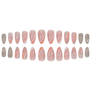 Pink almond press-on nails with silver glitter lines and white wave patterns, 24pcs set