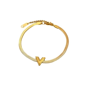 Minimalist gold titanium steel V-letter pendant bracelet with sleek snake chain link