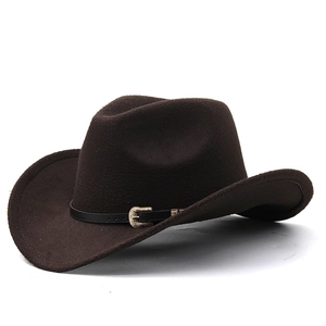 Detailed view of coffee brown wool felt cowboy hat with vintage buckle leather band
