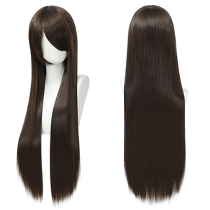 Detailed views of deep brown long straight synthetic cosplay wig with side-swept bangs