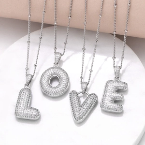 Initial Letter Necklace Copper Plated Zircon Rhinestone Bubble 3D Pendant Fashion Jewelry For Women Gift Silver Tone
