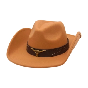 Classic camel wool felt cowboy hat with leather rivet band and gold bull head emblem