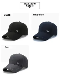 Detail view of men's baseball caps in black, navy, and grey with metal sport buckle