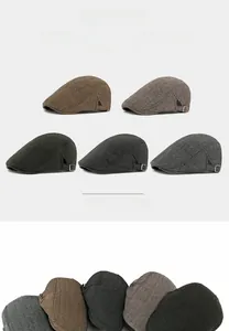 Detail view of adjustable metal buckle and herringbone tweed fabric on retro beret caps