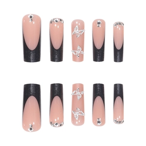 Long coffin press-on nails with 3D silver butterflies, rhinestones, and black French tips