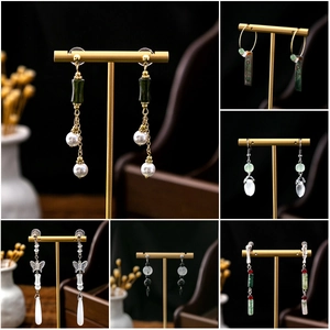 Set of 6 pairs of vintage Chinese-style beaded earrings with jade and pearl drops