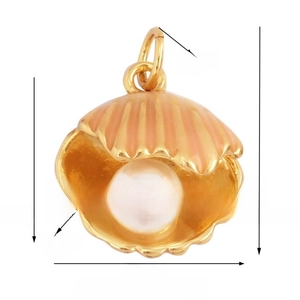 Macro shot of an open golden seashell pendant with a white pearl and ridged texture