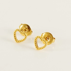 Minimalist 18K gold-plated heart stud earrings with milgrain texture on polished steel