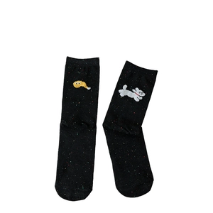 Cute black cotton socks with colorful flecks and asymmetric dog and chicken embroidery