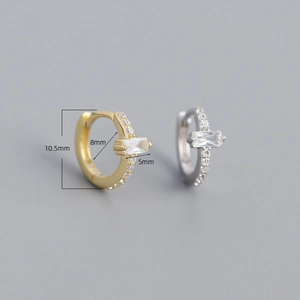 S925 silver hoop earrings with rectangular zircon and pave stones, 10.5mm outer diameter